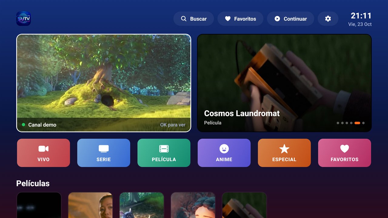 Menú de inicio de SUTV en Android TV, con el carrusel, los accesos a películas y series, y la fila de películas.